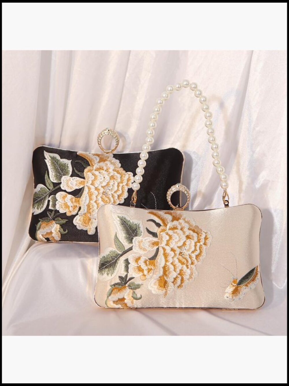 Floral Evening Bag with Pearl Chain Clutch Purse Elegant Banquet Handbag Bride - Picture 3 of 7